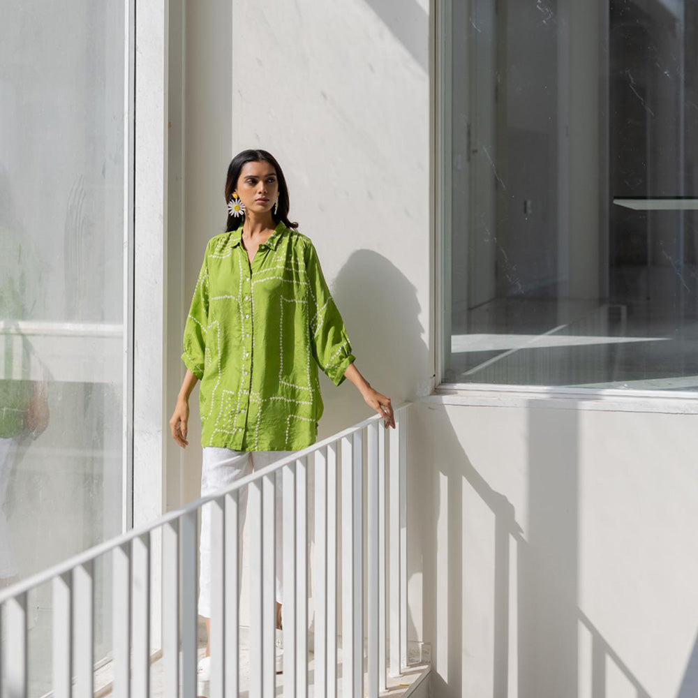 Silai Studio Terra Green Bandhej Silk Shirt