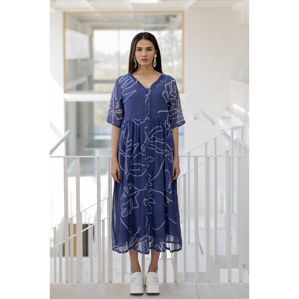Silai Studio Blue Wildflower Bandhej Dress with Slip (Set of 2)