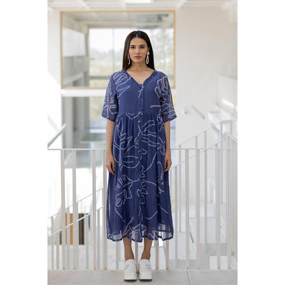 Silai Studio Blue Wildflower Bandhej Dress with Slip (Set of 2)