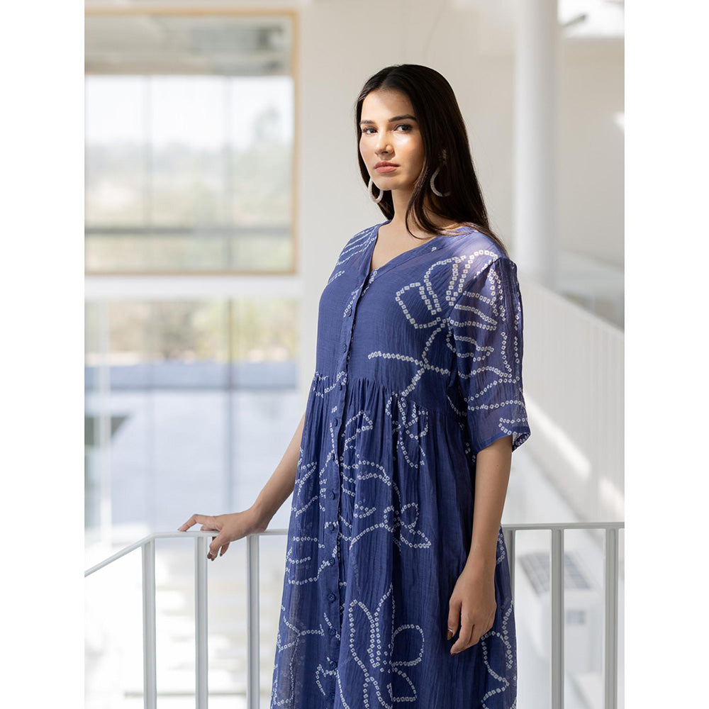 Silai Studio Blue Wildflower Bandhej Dress with Slip (Set of 2)
