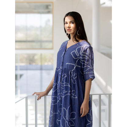 Silai Studio Blue Wildflower Bandhej Dress with Slip (Set of 2)