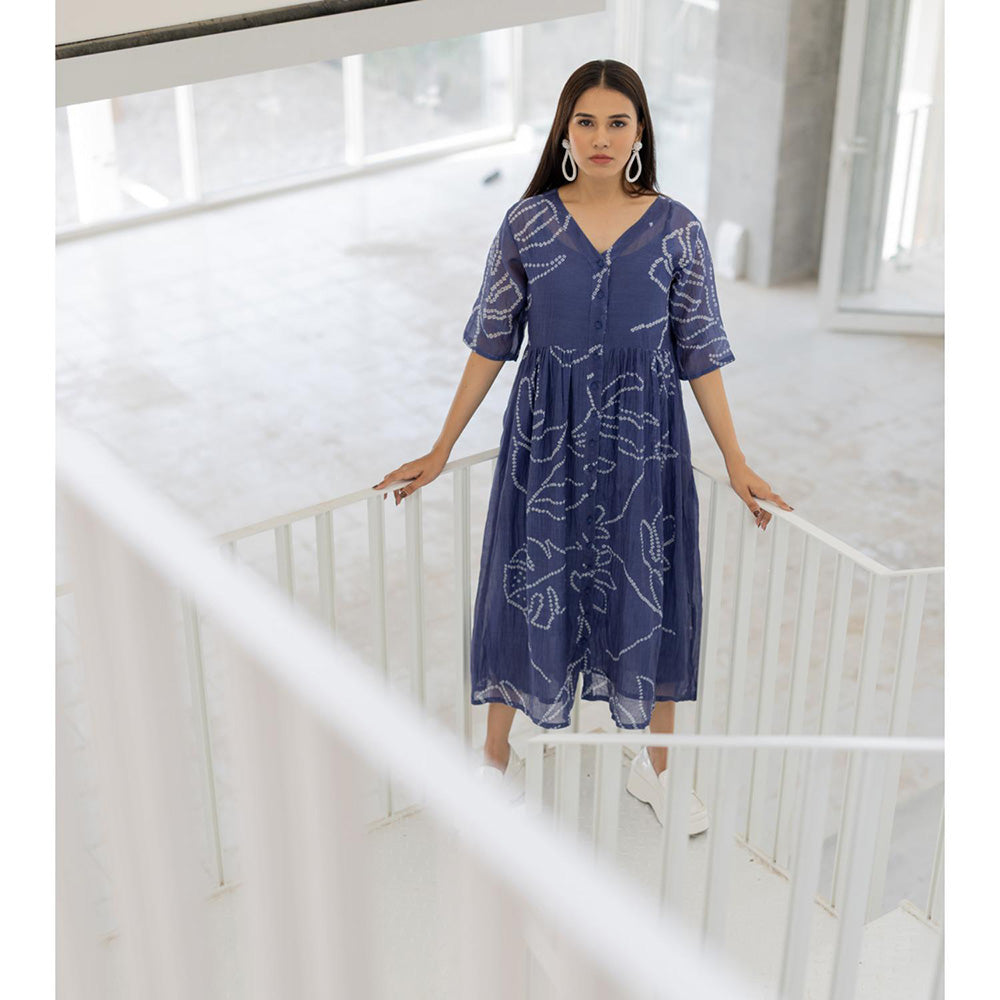 Silai Studio Blue Wildflower Bandhej Dress with Slip (Set of 2)