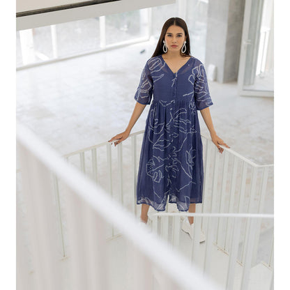Silai Studio Blue Wildflower Bandhej Dress with Slip (Set of 2)