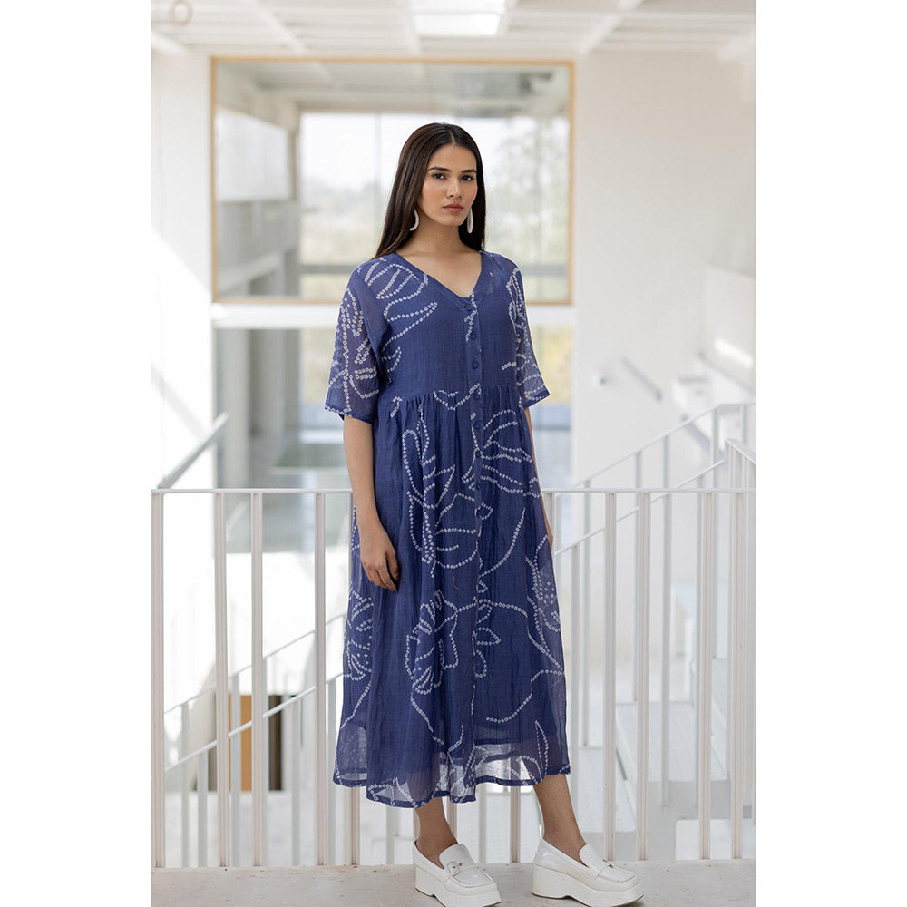 Silai Studio Blue Wildflower Bandhej Dress with Slip (Set of 2)