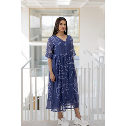 Silai Studio Blue Wildflower Bandhej Dress with Slip (Set of 2)