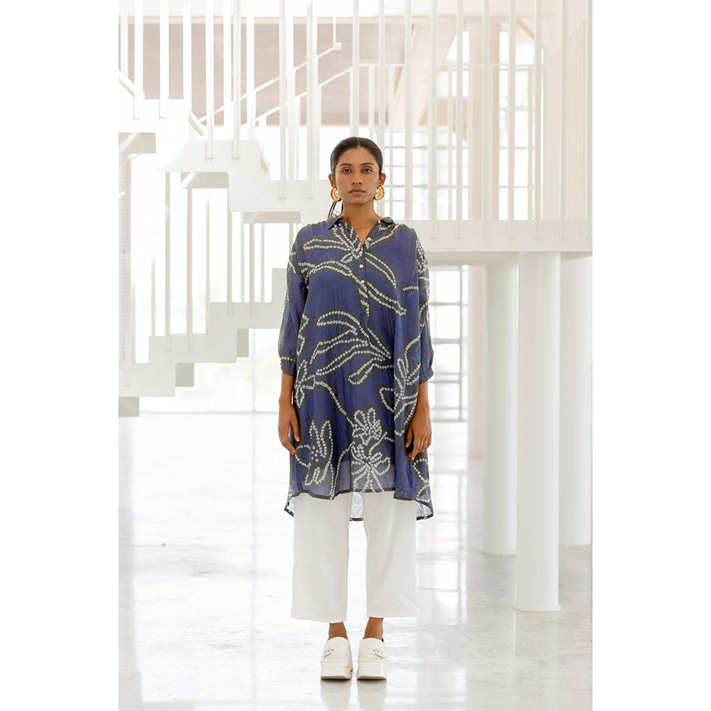 Silai Studio Blue Wildflower Bandhej Kurta with Slip (Set of 2)