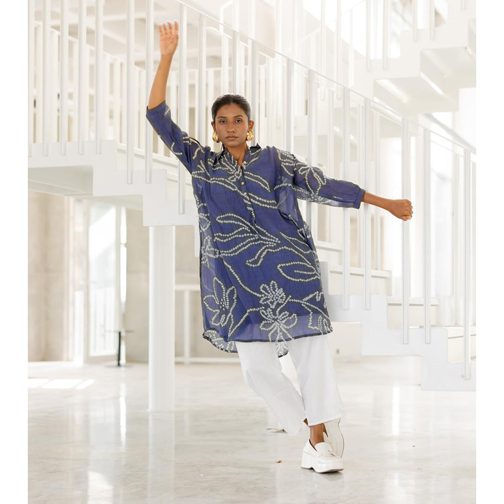 Silai Studio Blue Wildflower Bandhej Kurta with Slip (Set of 2)