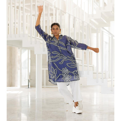 Silai Studio Blue Wildflower Bandhej Kurta with Slip (Set of 2)