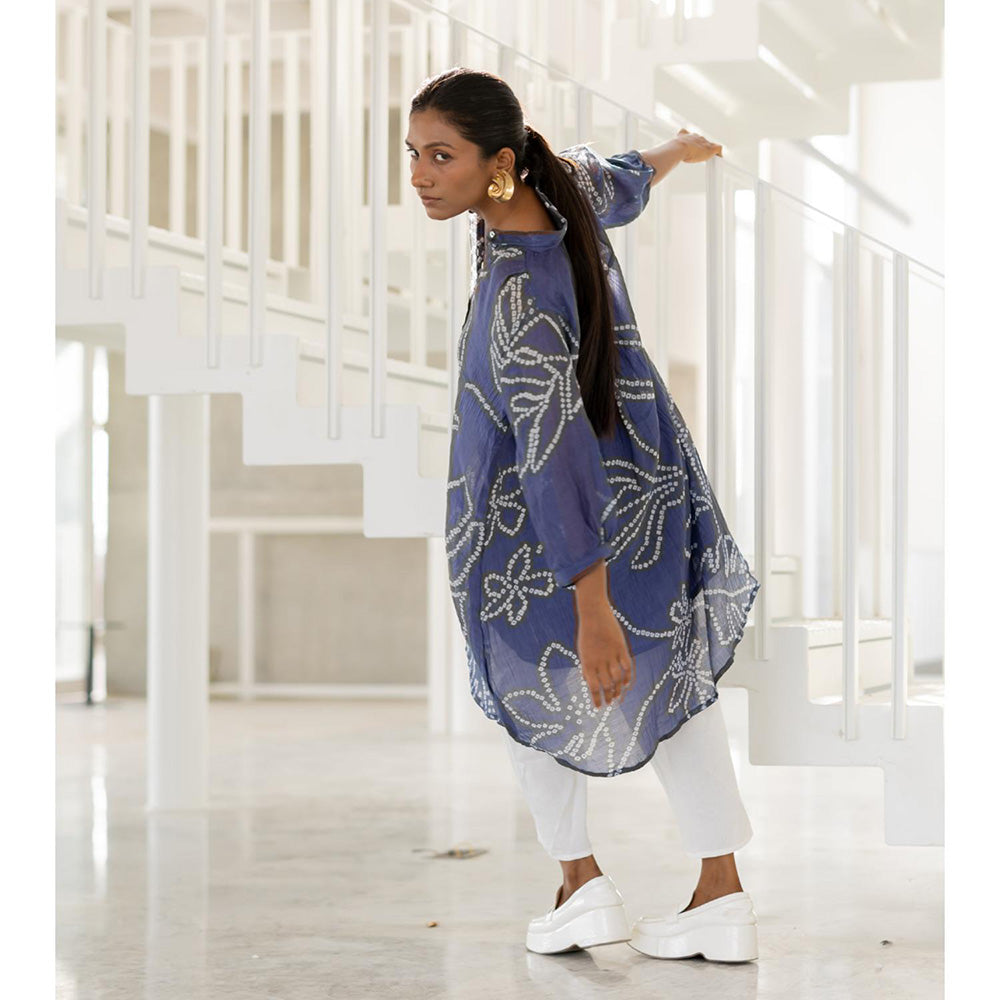 Silai Studio Blue Wildflower Bandhej Kurta with Slip (Set of 2)