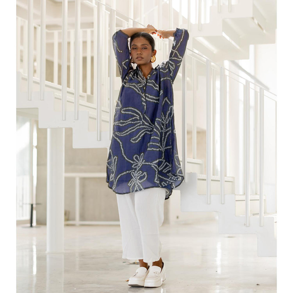 Silai Studio Blue Wildflower Bandhej Kurta with Slip (Set of 2)