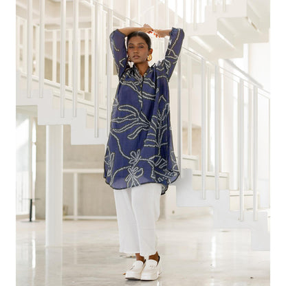 Silai Studio Blue Wildflower Bandhej Kurta with Slip (Set of 2)