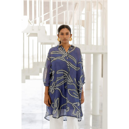 Silai Studio Blue Wildflower Bandhej Kurta with Slip (Set of 2)
