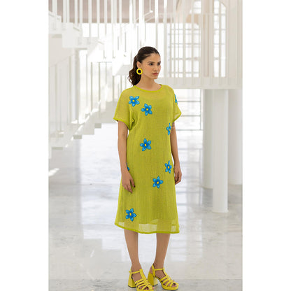 Silai Studio Avocado Mesh Embroidered Dress with Slip (Set of 2)