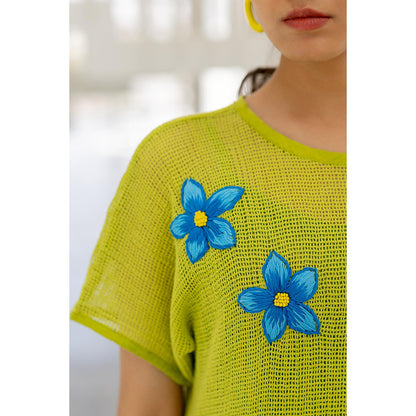 Silai Studio Avocado Mesh Embroidered Dress with Slip (Set of 2)