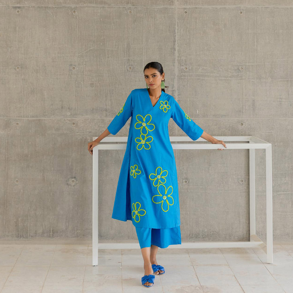 Silai Studio Seafoam Floral Embroidery Kurta and Palazzo (Set of 2)