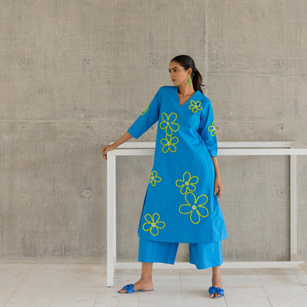 Silai Studio Seafoam Floral Embroidery Kurta and Palazzo (Set of 2)