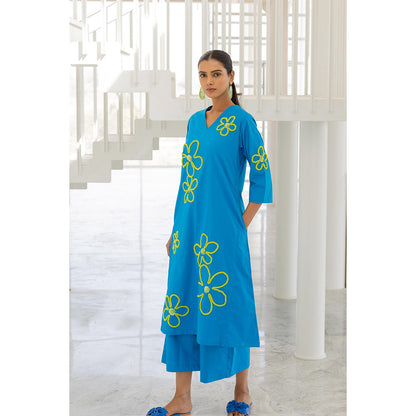 Silai Studio Seafoam Floral Embroidery Kurta and Palazzo (Set of 2)