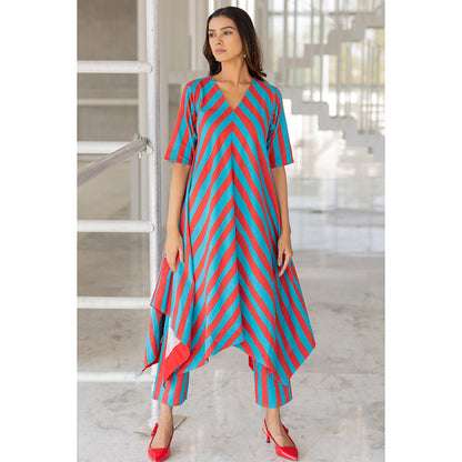 Silai Studio Poppy and Blue Stripe Kurta and Pant (Set of 2)