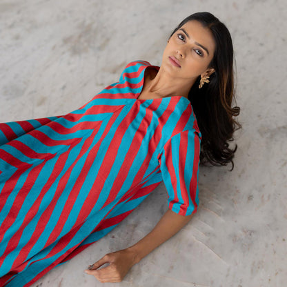 Silai Studio Poppy and Blue Stripe Kurta and Pant (Set of 2)