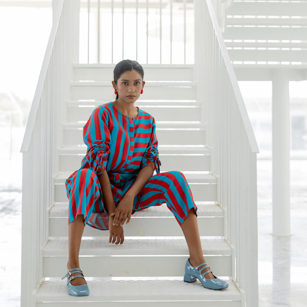 Silai Studio Poppy and Blue Stripe Co-Ord (Set of 2)