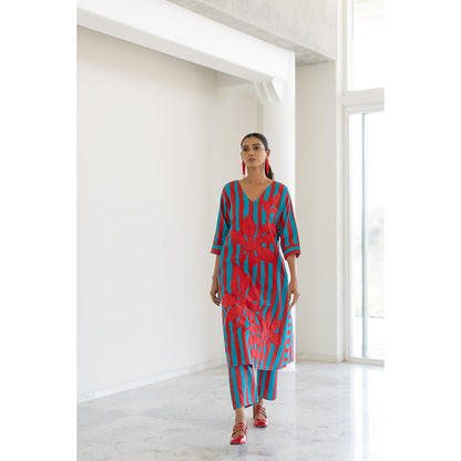 Silai Studio Sky Fire Striped Applique Kurta and Pant (Set of 2)