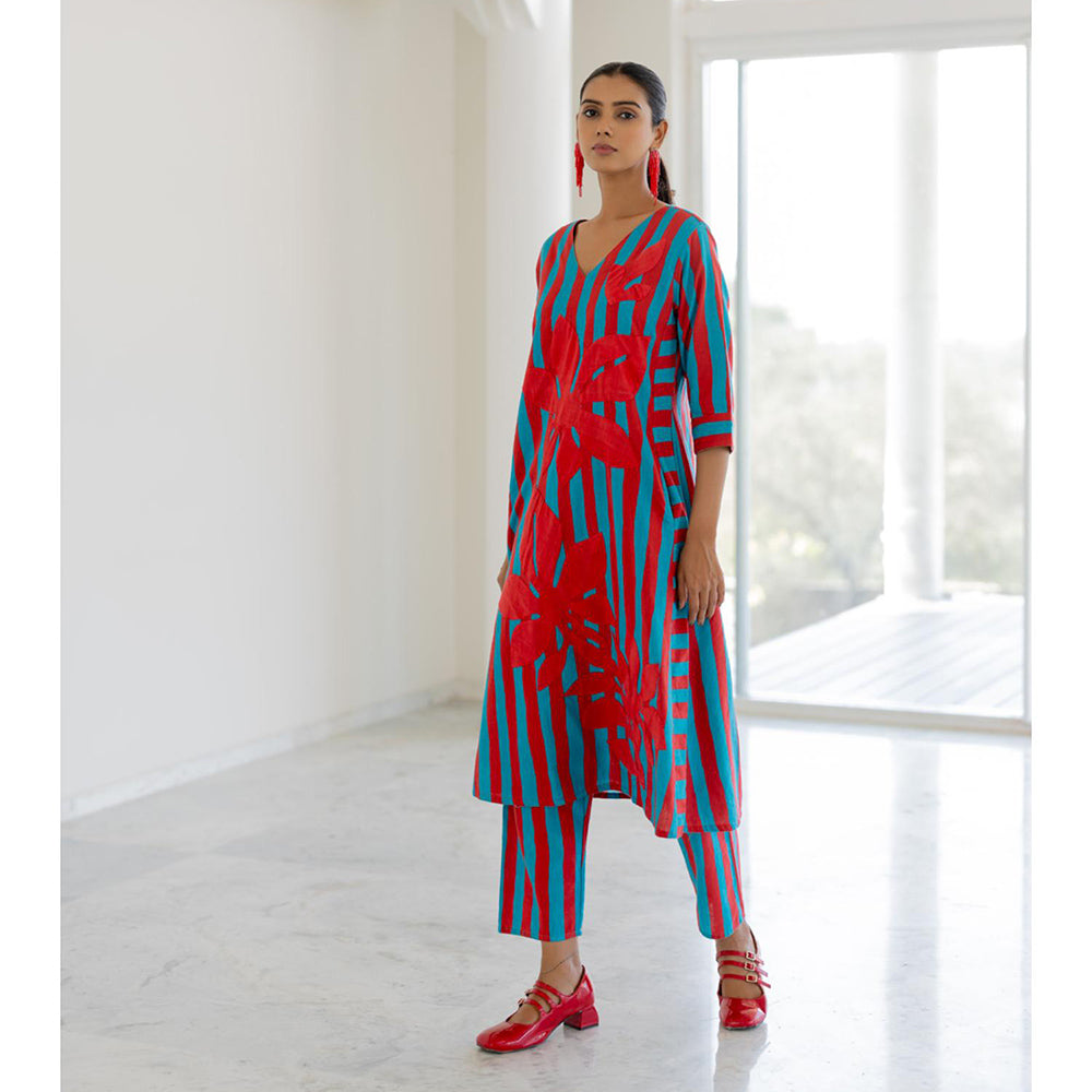 Silai Studio Sky Fire Striped Applique Kurta and Pant (Set of 2)