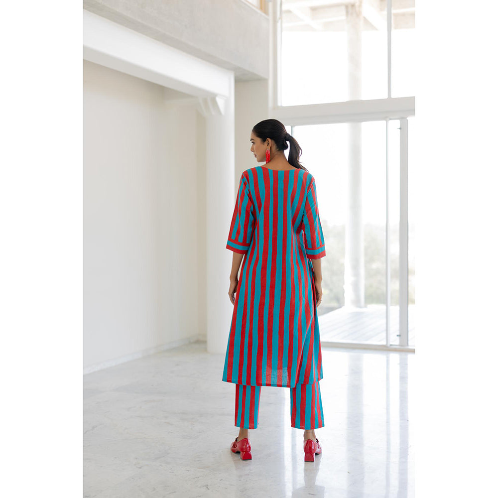 Silai Studio Sky Fire Striped Applique Kurta and Pant (Set of 2)