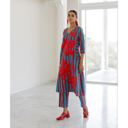 Silai Studio Sky Fire Striped Applique Kurta
