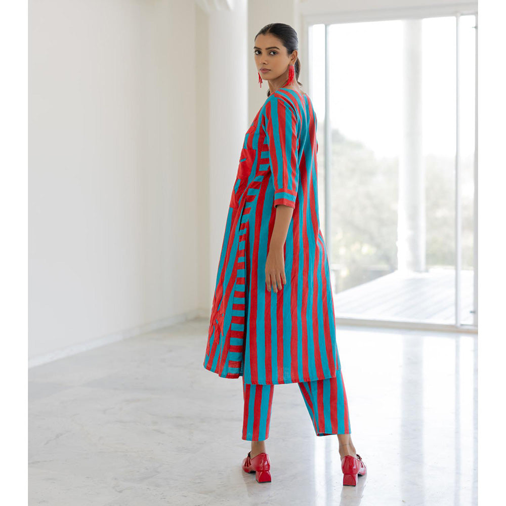 Silai Studio Sky Fire Striped Applique Kurta