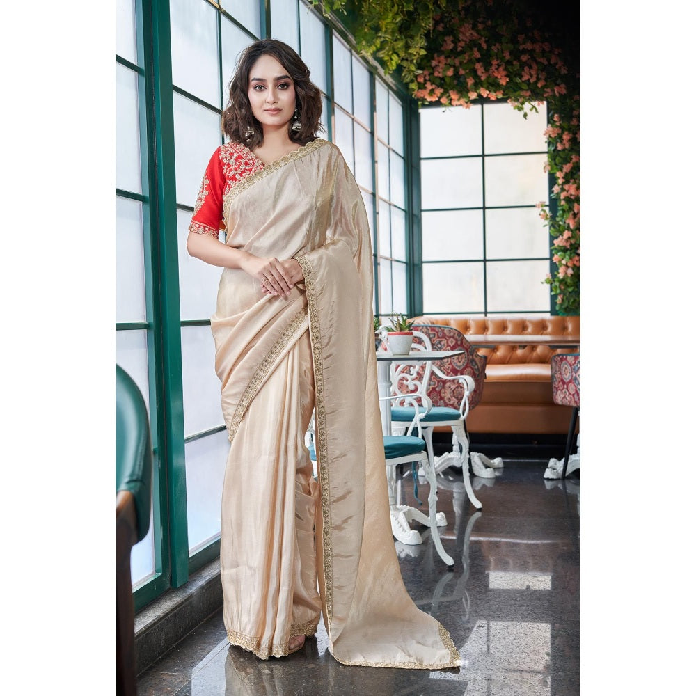 Simaaya Beige Timeless Weave Tissue Silk Saree with Unstitched Blouse