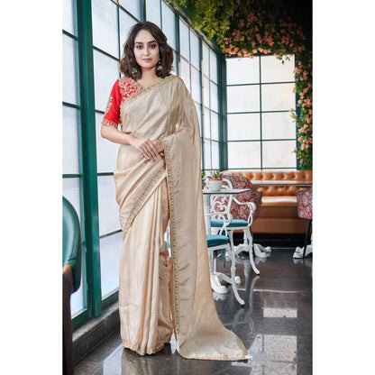 Simaaya Beige Timeless Weave Tissue Silk Saree with Unstitched Blouse