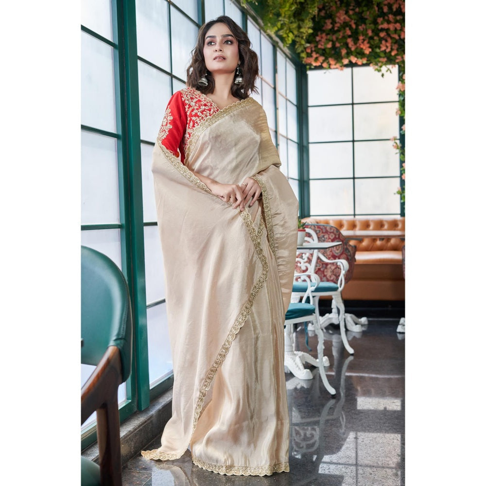 Simaaya Beige Timeless Weave Tissue Silk Saree with Unstitched Blouse