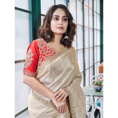 Simaaya Beige Timeless Weave Tissue Silk Saree with Unstitched Blouse