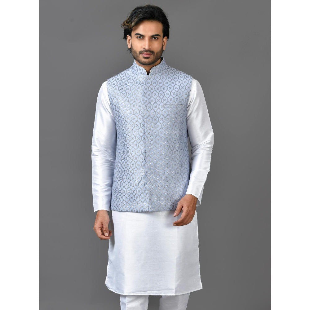 Simaaya Blue Embellished/Sequined Premium Quality Silk Made Nehru Jacket for Men
