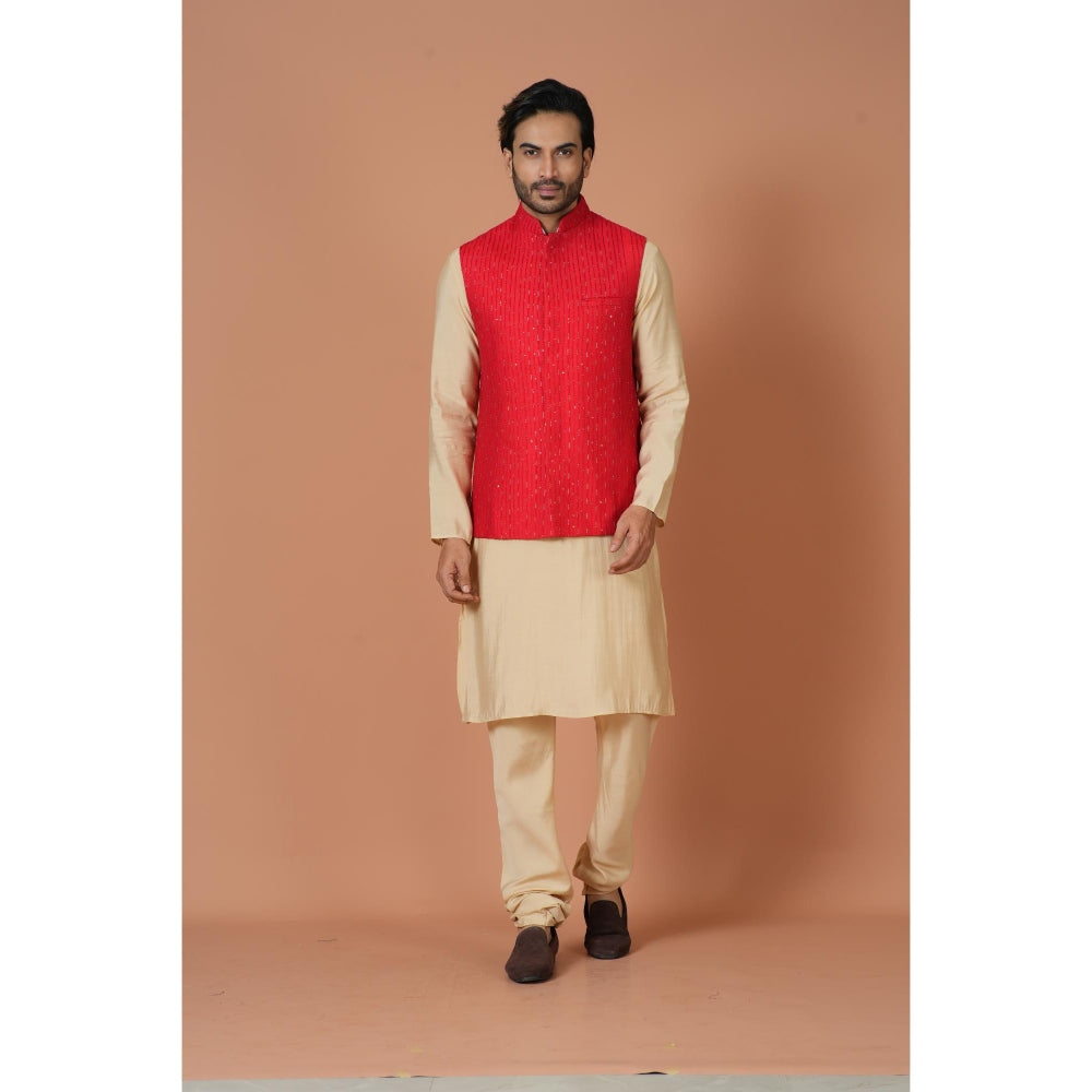 Simaaya Red Embellished/Sequined Premium Quality Silk Made Nehru Jacket for Men