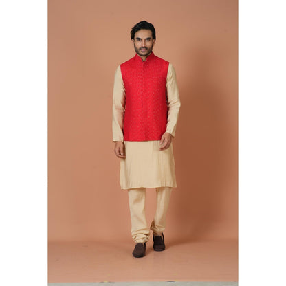 Simaaya Red Embellished/Sequined Premium Quality Silk Made Nehru Jacket for Men