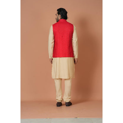 Simaaya Red Embellished/Sequined Premium Quality Silk Made Nehru Jacket for Men