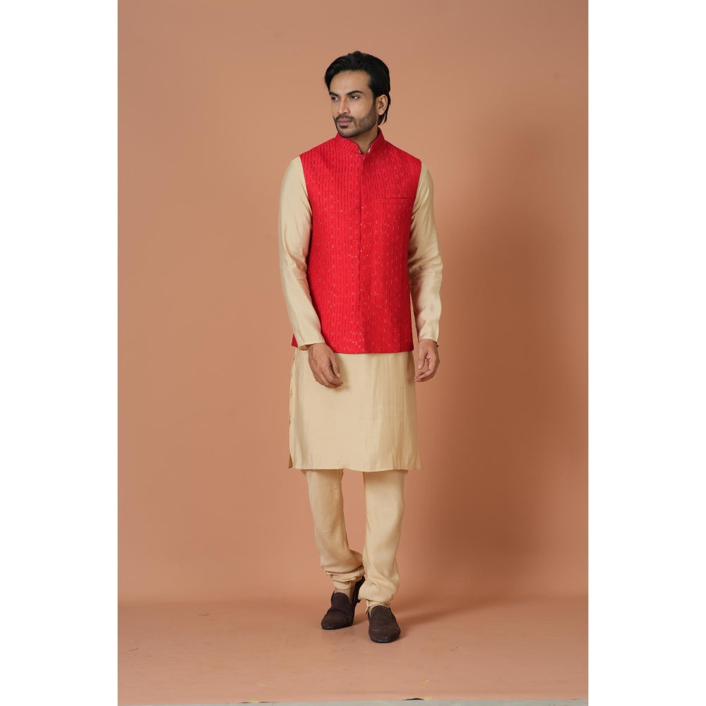 Simaaya Red Embellished/Sequined Premium Quality Silk Made Nehru Jacket for Men