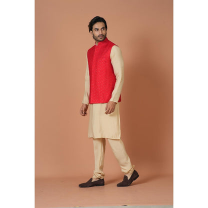 Simaaya Red Embellished/Sequined Premium Quality Silk Made Nehru Jacket for Men