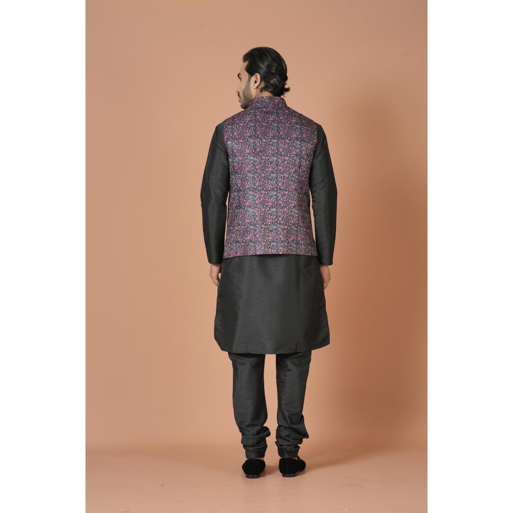 Simaaya Black Floral Premium Quality Linen Made Nehru Jacket for Men
