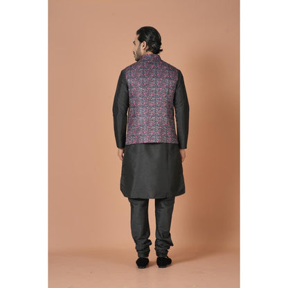 Simaaya Black Floral Premium Quality Linen Made Nehru Jacket for Men