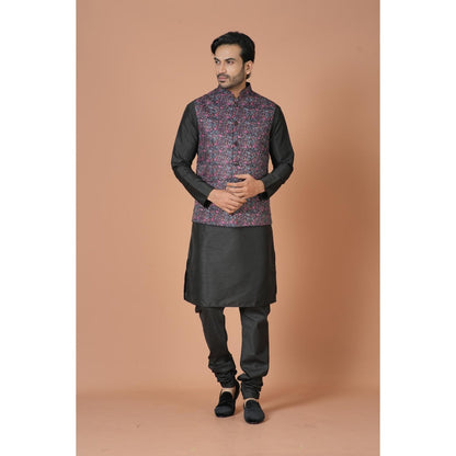 Simaaya Black Floral Premium Quality Linen Made Nehru Jacket for Men
