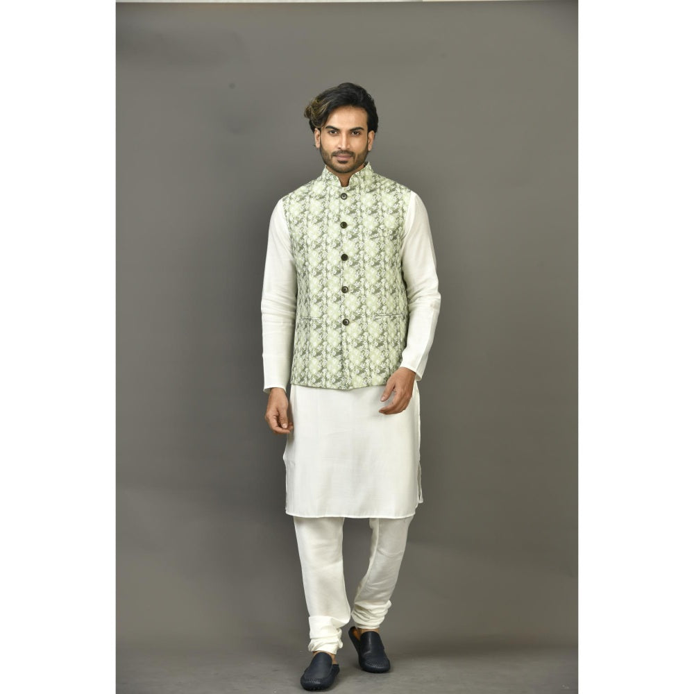 Simaaya Green Printed Premium Quality Linen Made Nehru Jacket for Men