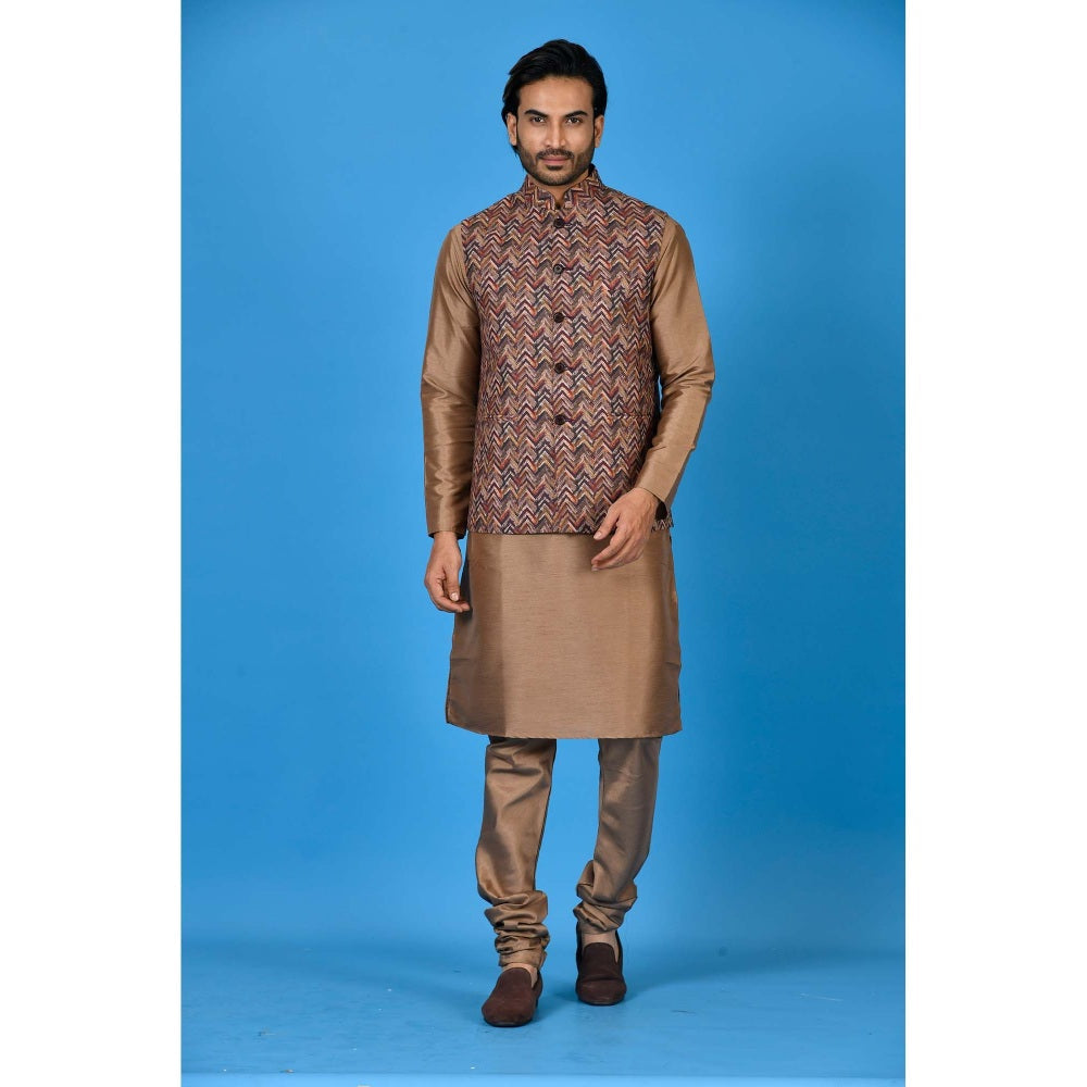 Simaaya Brown Premium Quality Silk Kurta with Churidar and Nehru Jacket (Set of 3)