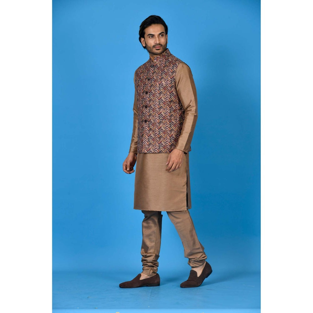 Simaaya Brown Premium Quality Silk Kurta with Churidar and Nehru Jacket (Set of 3)