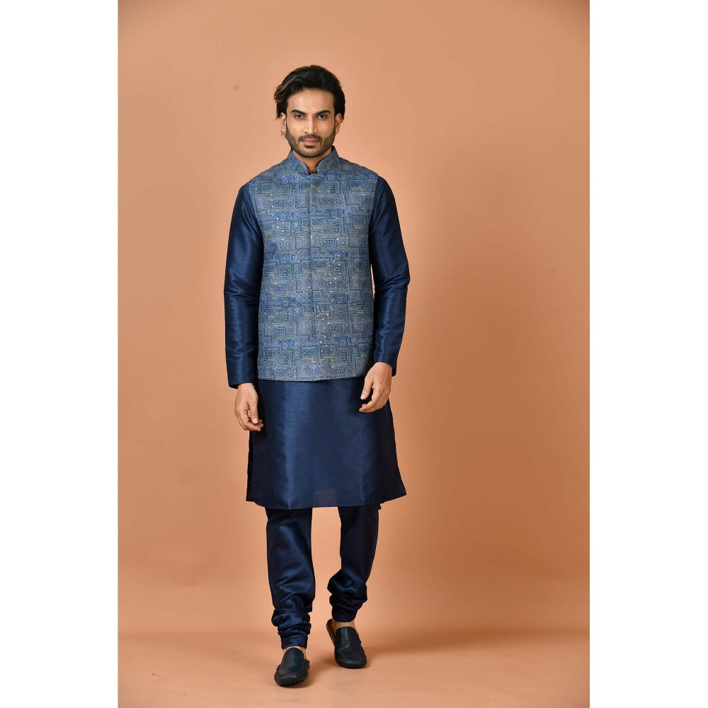 Simaaya Premium Quality Silk Kurta with Churidar and Jacket - Blue (Set of 3)