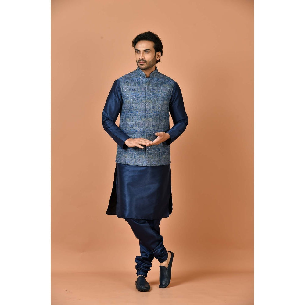Simaaya Premium Quality Silk Kurta with Churidar and Jacket - Blue (Set of 3)