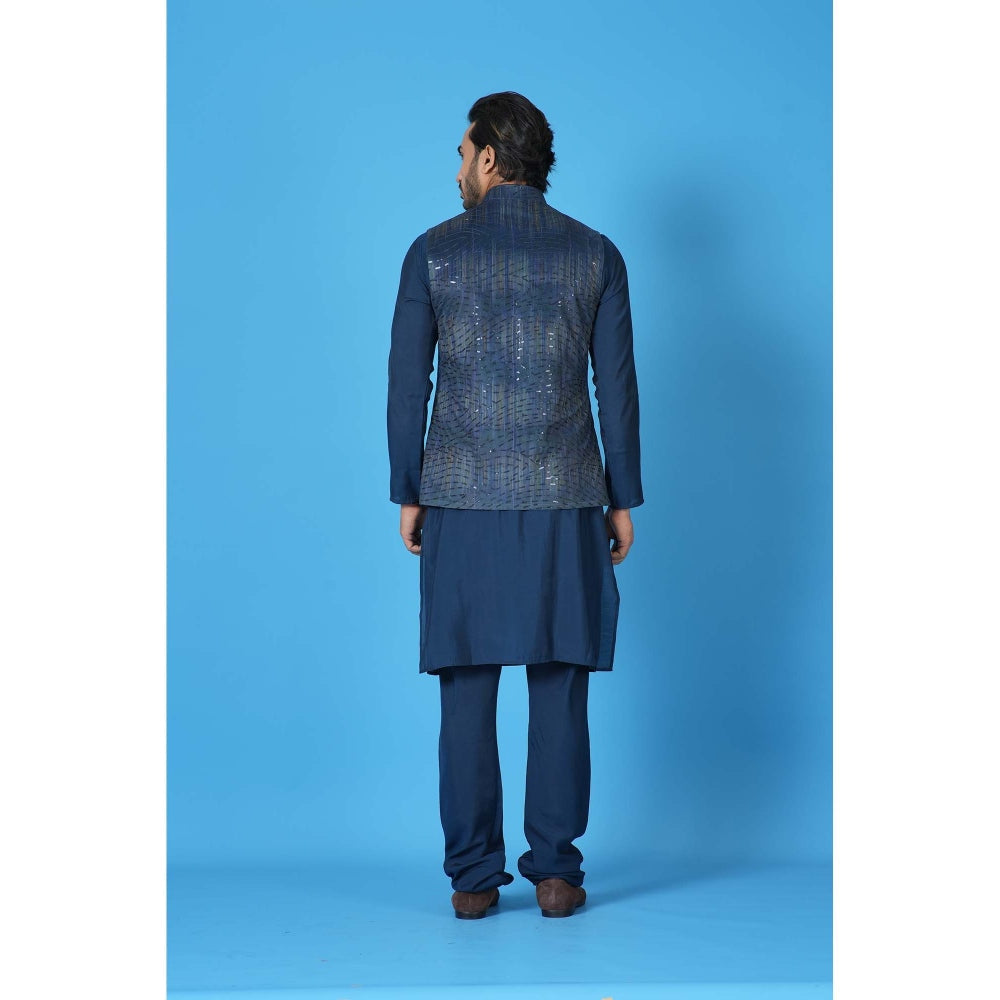 Simaaya Premium Quality Cotton Silk Kurta with Churidar and Jacket - Navy Blue (Set of 3)