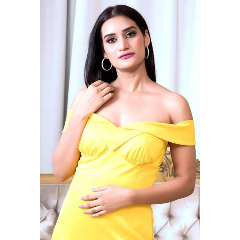 Label Simran Kochher Yellow Sunflower Off-Shoulder Mini Dress
