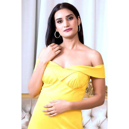 Label Simran Kochher Yellow Sunflower Off-Shoulder Mini Dress